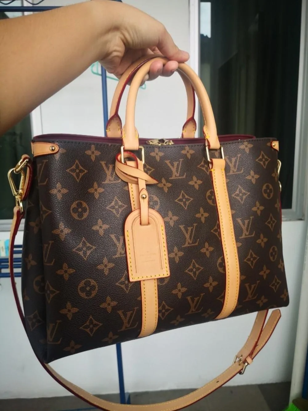 Louis Vuitton Brown Monogram Leather-Trim Satchel with Beige Handles